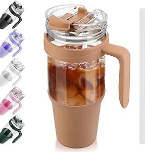 40 oz Glass Tumbler with Handle, Leak-proof Flip Straw, Reusable Glass Tumbler with Straw and Lid, Iced Coffee Cup with Plastic Lid, Glass Water Bottles Fit in Cup Holder,Smoothie Cup Boba Cup Cheryl Cochran, Glass Tumbler With Straw, Glass Water Bottles, Smoothie Cup, Dark Home Decor, Bamboo Top, Anniversary Ideas, Iced Coffee Cup, Tumbler With Handle