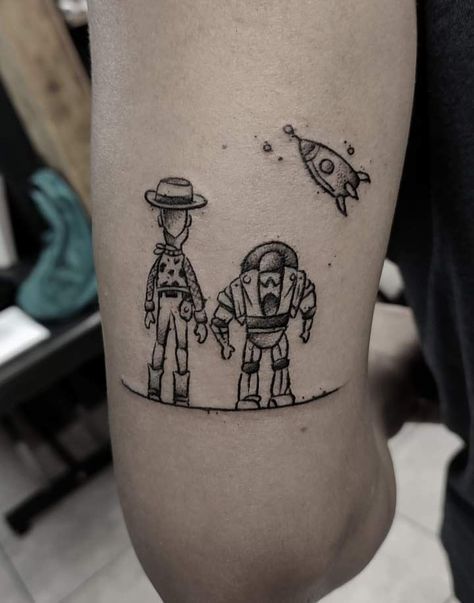 Disney Tattoos Toy Story, Toy Story Sleeve Tattoo, Toy Story Traditional Tattoo, Andy Tattoo Toy Story, Toy Story Small Tattoo, Buzz Tattoo Toy Story, Woody Buzz Tattoo, Matching Toy Story Tattoos, Buzz Light Year Tattoo