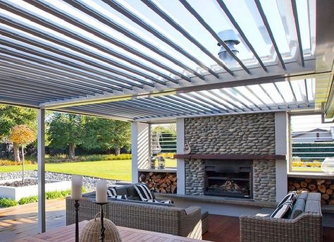 Outdoor Shade Solutions | Canterbury | Otago < Shade Craft Louvered Patio, Patio Roof Ideas, Roof Ideas, Outdoor Fireplace Designs, Balcony Bar, Courtyard Gardens Design, Outdoor Living Rooms, Patio Roof, Shade Sail