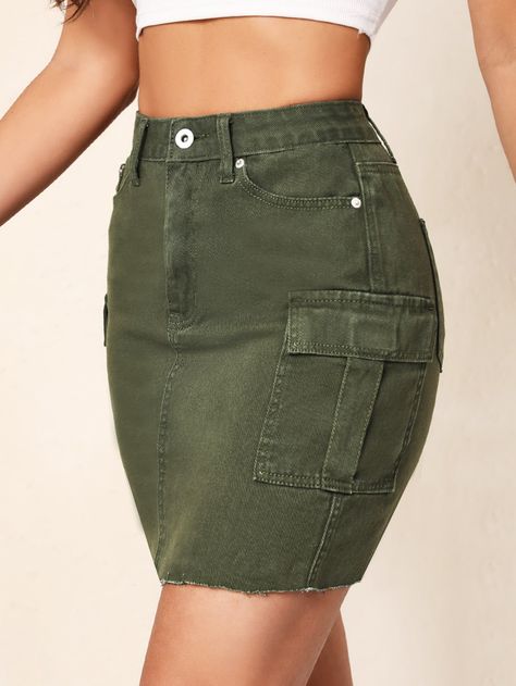 Flap Pocket Raw Hem Denim Skirt Skort Outfit, Skirts Outfits, Denim Skirt Outfits, Trendy Skirts, Denim Skirt Women, Stylish Glasses, Denim Skirts, Green Skirt, Teen Fashion Outfits