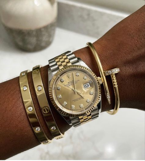 Gold Rolex Aesthetic, Rolex Black Women, Women’s Rolex Stack, Rolex And Cartier Bracelet, Woman’s Rolex Watch, Cartier Watch Black Women, Cartier Bracelet Stack With Rolex Watch, All Gold Rolex Women, Women’s Rolex Aesthetic