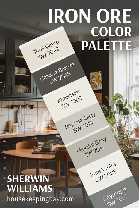 A Sherwin Williams Iron Ore color palette featuring Shoji White, Urbane Bronze, Alabaster, Repose Gray, Mindful Gray, Pure White, and Cityscape. The image shows a stylish kitchen with dark cabinetry and neutral accents. Iron Ore Pallet, Iron Ore Accent Wall Fireplace, Alabaster With Iron Ore, Shoji White With Iron Ore, Urbane Bronze And Alabaster, Urbane Bronze Sherwin Williams Cabinets, Forged Steel Sherwin Williams, Iron Ore Sherwin Williams Cabinets, Urbane Bronze Kitchen Cabinets