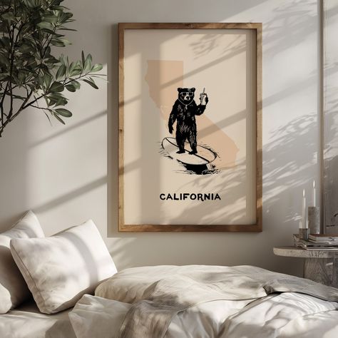 Bear Digital Art, Holding A Cup Of Coffee, Bear Printable, California Bear, California Vibe, California Wall Art, California Surf, California Art, Paper Poster