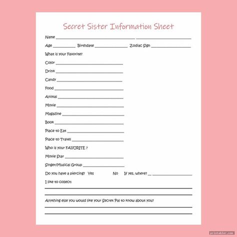 Secret Sister Questionnaire, Secret Sister, Daily Printable, Secret Pal, Secret Sisters, Printable Images, Card Pattern, Gift Giver, Musical Group