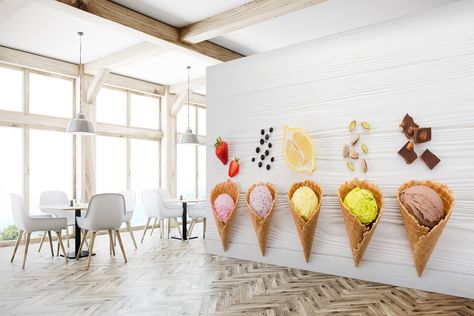 Ice Cream Ball, Business Wallpaper, 3d Ice Cream, Aj Wallpaper, Golden Wall, Custom Wall Murals, Sticker Wall, Mural Design, Strawberry Ice Cream