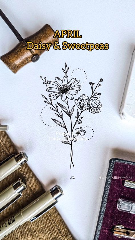 Sweet Pea Name Tattoo, Daisy And Sweat Pea Tattoo, Daisy Sweet Pea Tattoo, Daisy Fine Line Tattoo, Daisy And Sweet Pea Tattoo, Sweat Pea Tattoo, April Birth Flower Tattoo, Nana Tattoo, Sweet Pea Tattoo