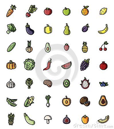 Veggies Illustration, Fruit Icons, Doodle Cartoon, Fruit Vegetables, Different Vegetables, Colorful Fruit, Green Nature, Food Themes, Icon Set Vector