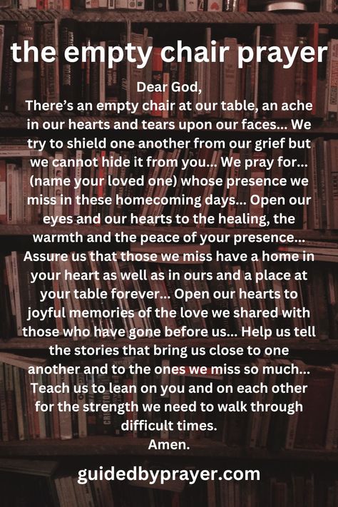 The empty chair prayer is a powerful tool for healing and forgiveness. It involves setting up an empty chair to represent a person who has hurt you or someone you love, and then speaking to them as if they were present. The Empty Chair, Christmas Prayer, Dear God, Thanksgiving Table, Inspirational Quotes, Thanksgiving, Healing, Quotes