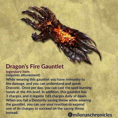 Fire Gauntlet, Homebrew Items, Magic Armor, Kiss And Make Up, Dnd Magic, Dnd Stats, Dnd Items, Magical Items, Dnd Classes