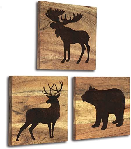 Home Rustique Wooden Cabin Decor with Bear, Deer and Moose - Woodland Themed Rustic Wall Decoration for Log Cabin, Hunting or Mountain Lodge