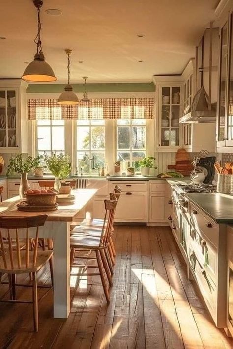 Kitchen With Island Table, White Farmhouse Interior, Cottage Kitchen Island, Homestead Interior, Colonial Kitchen Ideas, Farmhouse Apartment Decor, New England Kitchen, Colorful Farmhouse, Tiny Kitchen Remodel