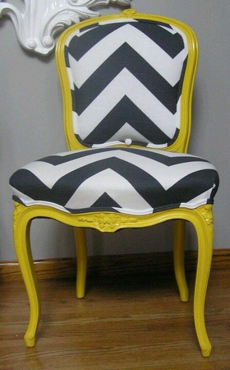 I am so doing this chair:-) pick up an old chair with cabriole legs from the thrift store, paint in bright color and reupholster in funky modern fabric:-) Eclectic Chairs, Victorian Chair, Yellow Chair, Vintage Chair, Fabric Chair, Stripes Fabric, French Provincial, Cool Chairs, Take A Seat