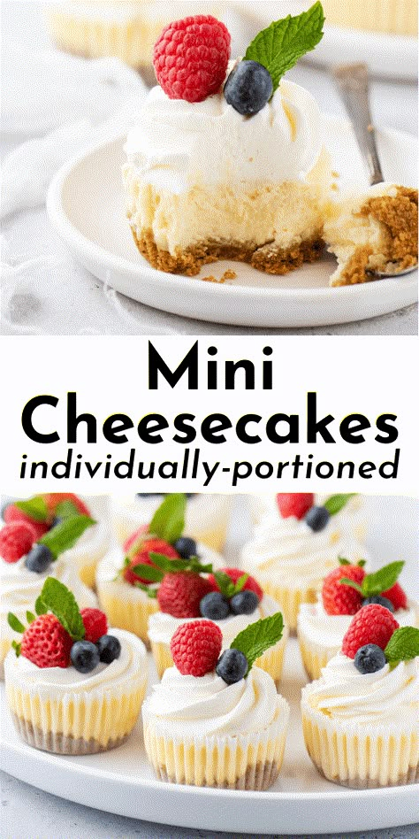 Get ready to wow your friends, family and party guests with the best mini cheesecakes you’ve ever tasted! Topped with whipped cream and fresh fruit to complement the rich, tangy cheesecake flavor, these individually-portioned mini cheesecakes Individual Cheesecake Recipes, Mini Cheesecakes Easy, Individual Cheesecakes, Mini Cheesecake Recipes, Sweet Cooking, Macaron Recipe, Mini Cheesecakes, Pancake Batter, Mini Desserts