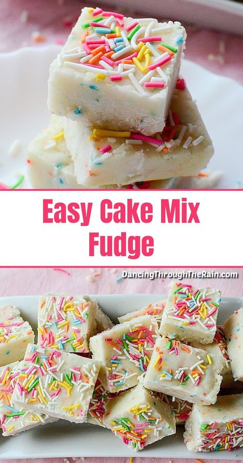 This Easy Cake Mix Fudge is a delicious white chocolate fudge that anyone can make in minutes! With fun rainbow sprinkles and confetti cake mix, this is perfect for birthday parties, New Year's desserts, or an after school snack! #fudgerecipes Cake Fudge Recipe, Funfetti Fudge, Funfetti Cake Mix Recipes, Cake Mix Fudge, Birthday Cake Fudge, Cake Batter Fudge, Fudge Shop, Homemade Fudge Recipes, New Year's Desserts