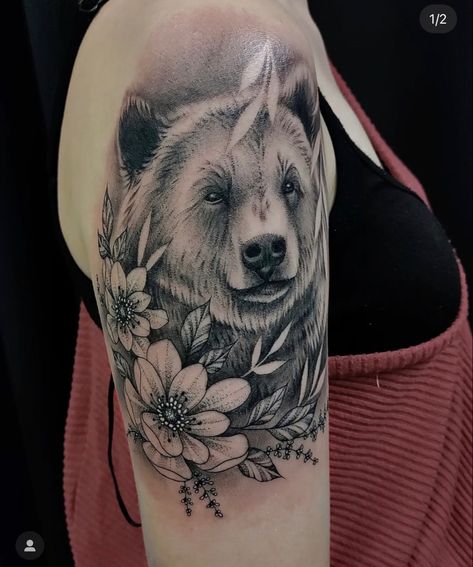 Bear With Cubs Tattoo Ideas For Women, Bird And Bear Tattoo, Bear And Sunflower Tattoo, Mumma Bear Tattoo, Bear Tattoos With Flowers, Brown Bear Tattoo For Women, Female Bear Tattoo, Bear Floral Tattoo, Bear Half Sleeve Tattoo