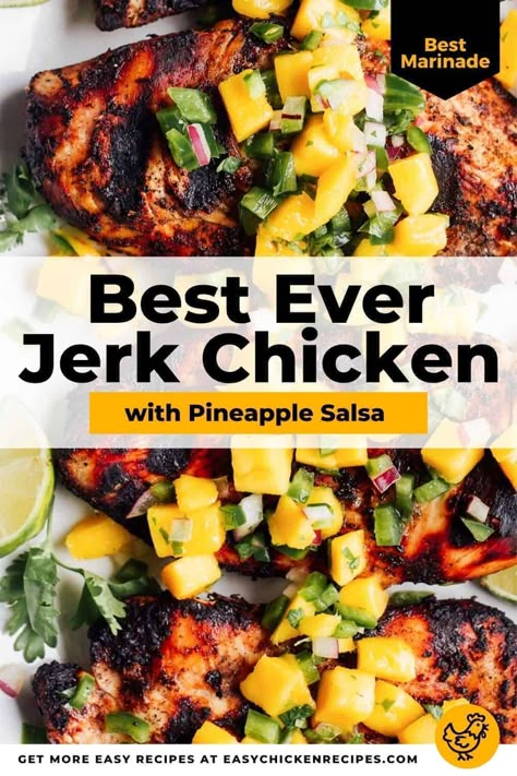 This Easy Jerk Chicken recipe is so flavorful. Succulent grilled chicken, seasoned with the best homemade jerk marinade - delicious! Plus it comes with a vibrant pineapple salsa - win win! Jerk Chicken With Pineapple Salsa, Jerk Chicken Breast Recipe, Jerk Chicken With Pineapple, Jerk Chicken Seasoning, Easy Jerk Chicken, Chicken With Pineapple Salsa, Easy Jerk Chicken Recipe, Jerk Chicken Breast, Jerk Chicken Marinade