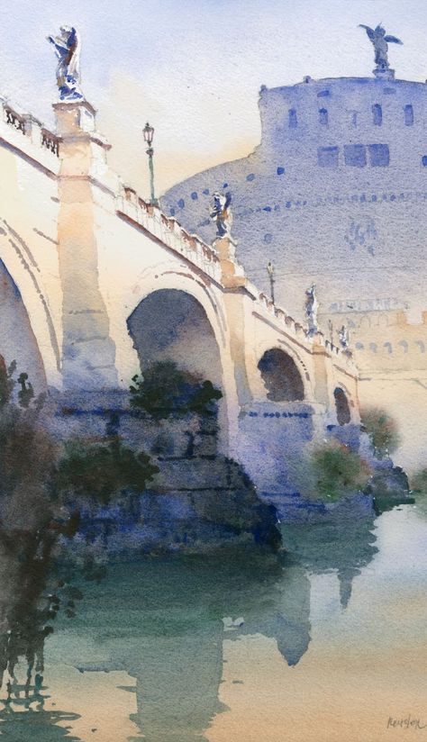 Ponte Sant'Angelo by Michael Reardon, watercolor painting. Michael Reardon, Thomas Schaller, Watercolor Architecture, Watercolor Lessons, Watercolour Inspiration, Art Aquarelle, Diy Watercolor, Watercolor Art Lessons, Urban Sketching