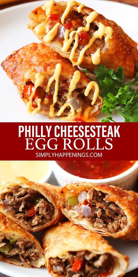 Philly Cheesesteak Egg Rolls Philly Cheese Steak Egg Rolls Dipping Sauces, Cheesesteak Eggrolls Sauce, Steak Cheese Egg Rolls, Philly Cheesesteak Wontons, Egg Roll Philly Cheese Steak, Philly Cheese Steak Appetizer, Philly Cheese Steak Egg Rolls Recipes, Philly Cheese Egg Rolls Recipe, Philly Cheese Steak Egg Rolls Sauce