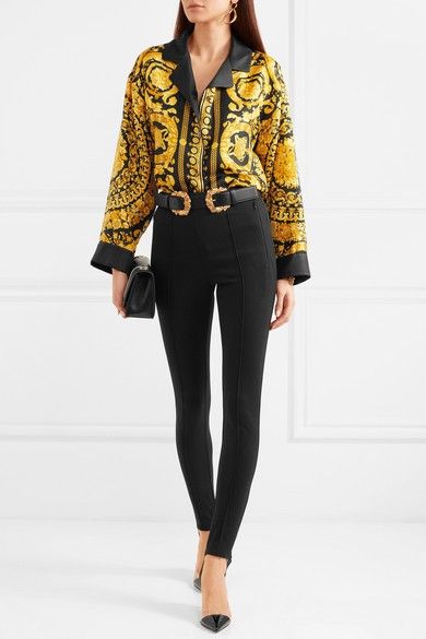 VERSACE Printed silk satin-twill shirt £1,480 Versace Shirt Women, Versace Blouse, Versace Silk Shirt, Versace Clutch, Silk Shirt Outfit, Burberry Pants, Look Boho Chic, Mexican Outfit, Ways To Wear A Scarf