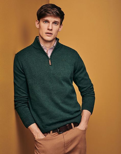 Buy our Classic Half Zip Knitted Jumper for 67.00 available in Ivy-green at Crew Clothing Company. For more MEN'S JUMPERS, visit Crew Clothing. Mens Christmas Outfits, Green Crew Neck Outfit Men, Classic Fitted Green Polo Sweater, Green Jumper Outfit, Jumper Outfit Men, Green Crew Neck Polo Sweater, Forest Green Mens Sweater, Mens Green Sweater, Christmas Outfit Men