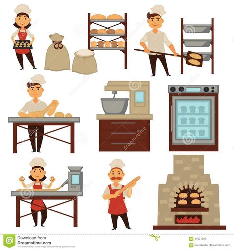 Baker in bakery shop baking bread process vector isolated profession people icons. Illustration about baker, flour, cooking, loaf, fresh, bread, furnace, process, kneading - 110742671 Stove Table, Table Vector, Booklet Layout, Kitchen Drawing, Bakery Kitchen, Wood Oven, Kneading Dough, People Icon, Bread Bun