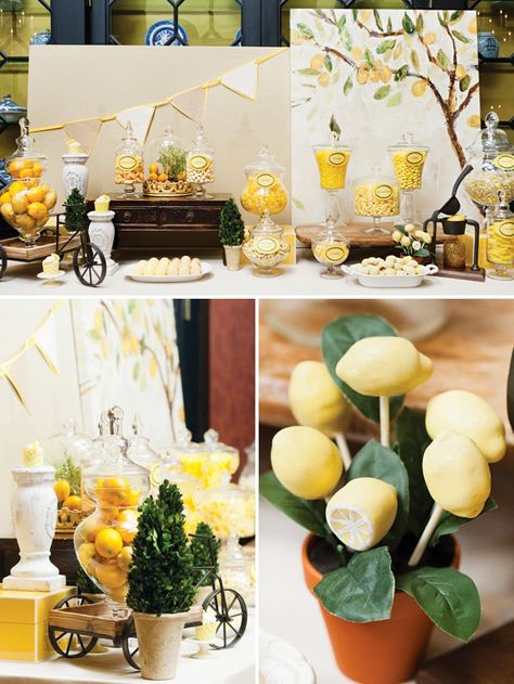 A lemon bridal shower with a yellow candy bar, lemon press for lemonade, lemon cake pops, a Italian cookie bar with apothecary jars + lemon candy cupcakes Lemon Bridal Shower Cupcakes, Desserts For Bridal Shower, Limoncello Party, Lemon Bachelorette, Lemon Cake Pops, Themed Bridal Shower Ideas, Adult Halloween Party Decorations, Italian Bridal Showers, Lemon Candy