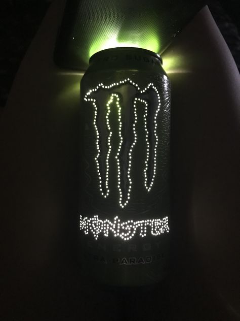 you can try making this by using a safety pin to poke the holes and after you're done with that, stick fairy lights in the can and you're done! Monster Can Light Holes, Monster Light Can, Monster Energy Diy, Monster Light, Monster Cans Diy, Energy Monster, Stick Fairy, Cute Fox Drawing, Hippie Crafts