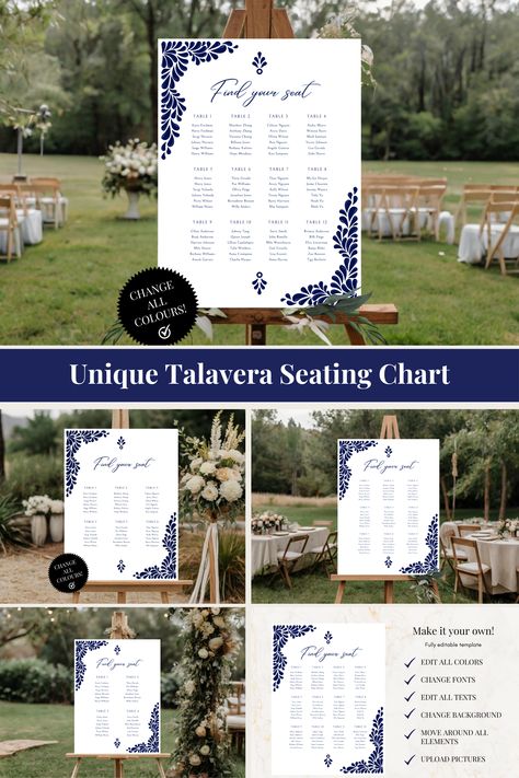 Romantic Elegant Mexican Talavera wedding seating chart template set for Canva editing. Authentic and unique Destination Wedding Seating Arrangement Map. Classic Blue Cobalt tone. Ideal for weddings in Mexico. All season Wedding! Change all text and colors Elegant Seating Chart, Talavera Wedding, Blue Talavera, Talavera Design, Canva Edit, Seating Chart Template, Mexican Talavera, Leaves Design, Seating Chart Wedding