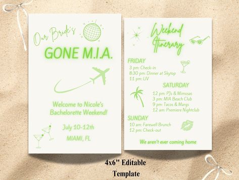 GONE MIA Bachelorette Weekend Itinerary Editable Template | 4x6 | Our Bride's Gone MIA Bachelorette/Birthday Weekend Itinerary | 2025 Wedding Trends Birthday Weekend Itinerary, Bachelorette Weekend Itinerary, Weekend Itinerary, Itinerary Template, Birthday Weekend, 2025 Wedding, Bachelorette Weekend, Wedding Trends, Week End