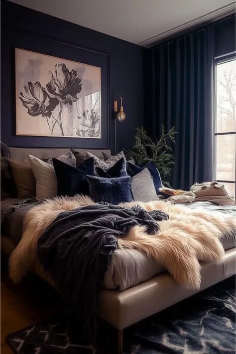 Romantic Blue Bedroom, Dark Blue Bedroom Aesthetic, Bedroom Ideas Navy Blue, Romantic Bedroom Decor Ideas, Mauve Bedroom, Bedrooms For Couples, Blue Bedroom Ideas, Downstairs Bedroom, Dreamy Space