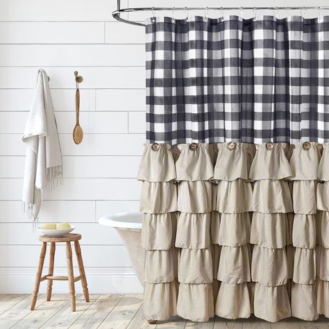 Shower Hooks Ideas, Buffalo Plaid Bathroom, Bathroom Decor Black, Dorm Room Curtains, Vintage Farmhouse Bathroom, Rustic Shower Curtains, Bohemian Shower Curtain, Fabric Ruffles, Elegant Bathroom Decor