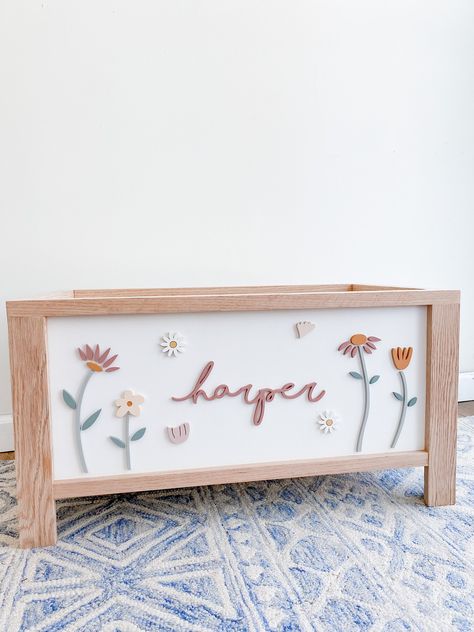 Toy Box With Name, Cricut Toy Box Ideas, Custom Toy Chest, Painted Toy Box Ideas, Toy Box Diy, Girls Toy Chest, Painted Toy Chest, Girls Toy Box, Glowforge Aura