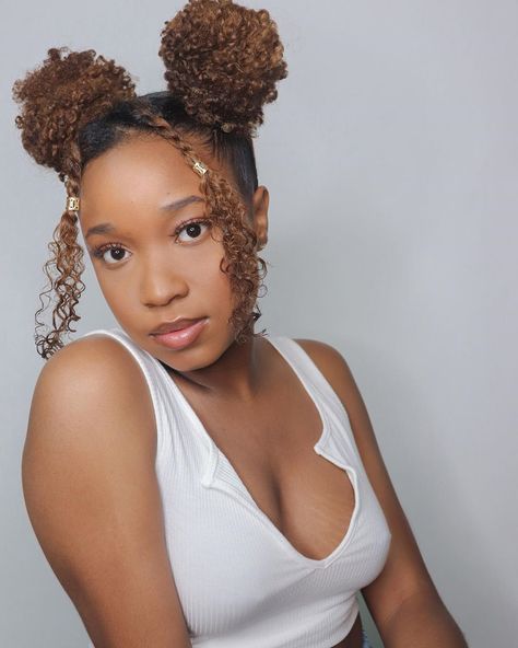 Double Bun Hairstyle Black Natural Hair, Space Buns 4c Hair, Braided Space Buns Black Women, Curly Hairstyles Space Buns, Space Buns Black Women, Space Buns 4b Hair, Curly Hair Space Buns, Space Buns Coily Hair, Lavender Hair Color Ideas