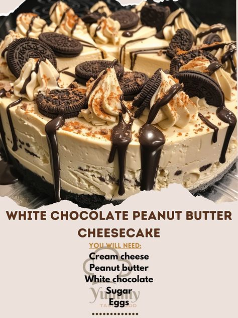 🍰 Indulge in the creamy delight of White Chocolate Peanut Butter Cheesecake! #CheesecakeHeaven White Chocolate Peanut Butter Cheesecake Ingredients: Cream cheese Peanut butter White chocolate Sugar Eggs Oreo crust Instructions: Melt white chocolate; blend with cream cheese, peanut butter, and sugar. Beat in eggs; pour over Oreo crust. Bake until set, chill overnight. 🍫🥜 Savor each bite of this luxurious, creamy cheesecake. Perfect for dessert lovers seeking a sweet escape. Celebrate your lo... White Chocolate Peanut Butter Cheesecake, Reese Pie, Peanut Butter Oreo Cheesecake, Cream Cheese Peanut Butter, Cheesecake Ideas, White Chocolate Peanut Butter, Peanut Butter White Chocolate, Cheesecake Ingredients, Butter Desserts