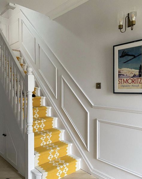 30 Gorgeous Stair Skirt Board Trim Ideas To Protect Your Walls Wall Trim On Stairs, Wallpaper Up Stairway Wall, Stair Wall Trim, Paneled Staircase Wall, Stairs Molding, Stairwell Trim, Stair Rail Ideas, Stair Skirt Board, Stair Wall Design