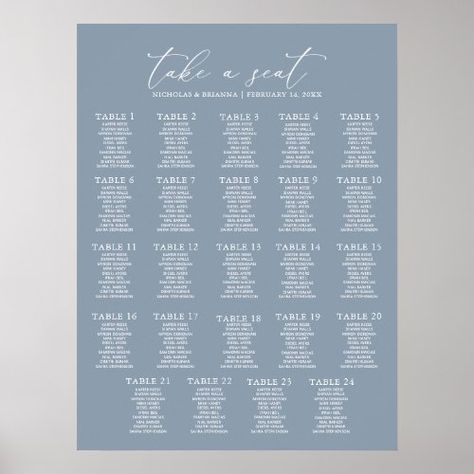 Minimal Dusty Blue Wedding 24 Table Seating Chart Summer Party - wedding seating charts, wedding table plan, reception seating posters, modern elegant, simple minimalist, boho chic rustic, botanical greenery, please find your seat, dusty blue wedding, spring summer winter fall Guest Seating Chart, Seating Chart Sign, Table Assignments, Table Seating Chart, Dusty Blue Wedding, Reception Seating, Wedding Table Plan, Seating Plan Wedding, Dusty Blue Weddings