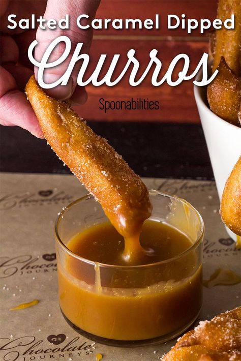 Churros Dipped in Salted Caramel Sauce Spanish Hot Chocolate, Spanish Snacks, Churros Recipe, Butter Caramel, Caramel Dip, Caramel Recipes Sauce, Dipping Sauces Recipes, Salted Caramel Sauce, Caramel Sauce