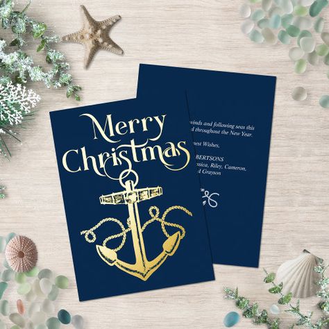 Nautical Merry Christmas Anchor Navy Gold Foil Holiday Card #zazzle #weddinginvitations #birthdayinvitations #babyshowerinvitations #zazzleinvitations #monogram #businesscards #graduation #homedecor Foil Christmas Cards, Christmas Holiday Cards, Navy Gold, Zazzle Invitations, Holiday Card, Hat Crafts, Gaming Wall Art, Gold Foil, Christmas Card