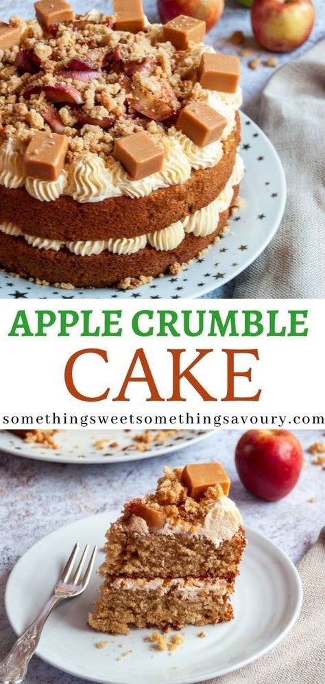 Apple Crumble Cake - Soft, fluffy apple sponges sandwiched together with custard buttercream and topped with caramelised apple slices, fudge chunks and sprinkled with a buttery crumble topping! The classic British dessert in cake form! #applecrumblecake #applecake #bakingwithapples #autumncake #applecrumblecakerecipeuk British Cakes, Caramelised Apple, Easy Lemon Drizzle Cake, Custard Buttercream, Pops Recipes, Cake Recipes Uk, Apple Crumble Cake, Showstopper Cakes, Layered Cakes