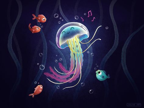 Dancing Jellyfish by Julia Ezhova on Dribbble Jellyfish Illustration, Ocean Drawing, Jellyfish Design, Dancing Drawings, Jellyfish Art, Beach Illustration, Illustration Character, Zentangle Art, Illustration Character Design