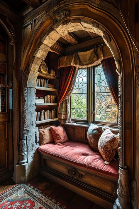 Cozy reading nook alcove Bedroom Fairycore, Bedroom Japandi, Fairycore Decor, Cozy Home Library, Fairycore Room, Casa Hobbit, Japandi Bedroom, Bedroom Scandinavian, Bedroom Dark