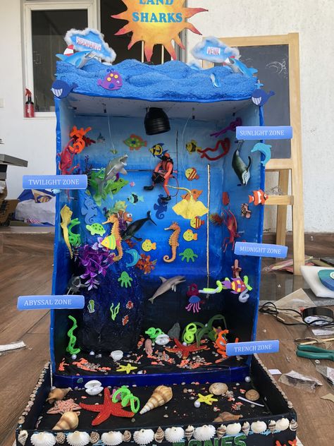 Shoe Box Ocean Ecosystem, Layers Of The Ocean Diorama, Under The Sea School Project, Marine Biome Project, Under The Sea Habitat Project, Ocean School Project Ideas, Sea Diaroma, Ocean Ecosystem Project For Kids, Ocean Shoebox Habitat