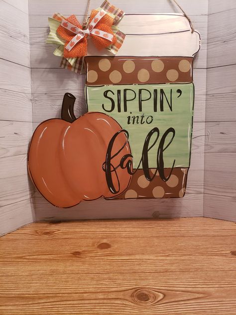 Coffee Door Hanger, Coffee Cup Door Hanger, Pumpkin Spice Door Hanger, Triple Pumpkin Door Hanger, Birthday Door Decorations, Fall Hanger, Reversible Stacked Pumpkin Door Hanger, Pumpkin Spice Sign, Pumpkin Shaped Wood Sign