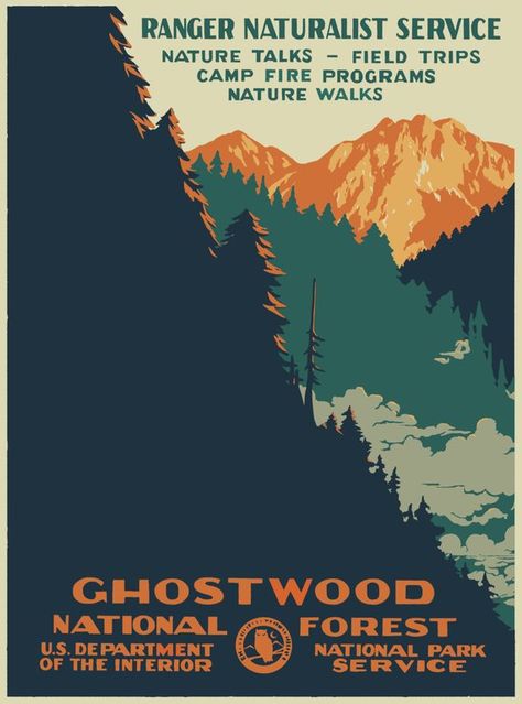 Twin Peaks-inspired Ghostwood National Forest poster National Parks Posters, Wpa National Park Posters, Vintage National Park Posters, Twin Peaks Inspired, Wpa Posters, Mountain Summer, Forest Poster, Photoshop Poster, Poster Idea