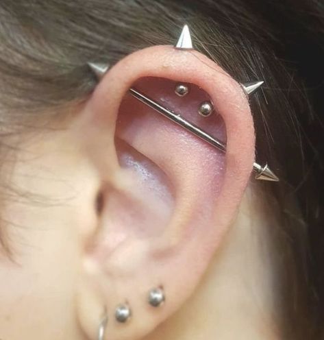 Dr Tattoo, Ear Styling, Constellation Piercings, Spider Bite, Double Cartilage, Piercing Industrial, Double Cartilage Piercing, Cool Ear Piercings, Pretty Ear Piercings