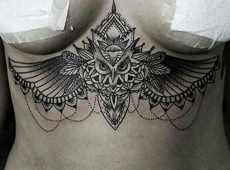 Underboob Tattoo Designs, Underboob Tattoo, Muster Tattoos, Best Tattoos For Women, Inspiration Tattoos, Chest Tattoos For Women, Stomach Tattoos, Sternum Tattoo, Owl Tattoo