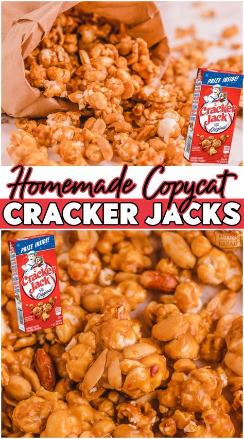 Copycat Cracker Jacks made with popcorn, butter, brown sugar & vanilla! Sweet caramel coated popcorn and peanut mix that's easily made at home! #popcorn #caramel #peanuts #CrackerJacks #easyrecipe from BUTTER WITH A SIDE OF BREAD Cracker Jacks Recipe, Copycat Cracker Jacks, Caramel Corn With Peanuts Recipe, Cracker Jack Popcorn Recipe, Carmel Popcorn Recipe Homemade Caramel Corn, Cracker Jack Popcorn, Praline Popcorn, Carmel Popcorn Recipe Without Corn Syrup, Popcorn Butter