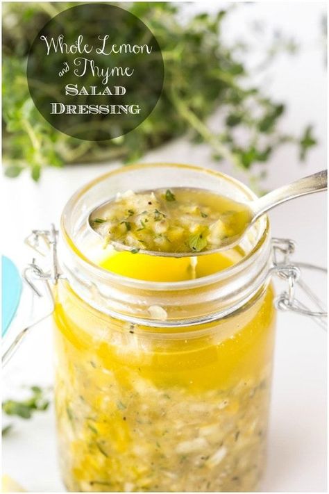 Add a little delicious sunshine to your life with this bright, fresh Whole Lemon Thyme Salad Dressing. There are tons of other ways to use it too! #lemonsalddressing #easysaladdressing #wholelemon via @cafesucrefarine Delicious Salad Dressings, Salad Dressing Recipe, Easy Salad Dressing, White Bean Salad, Roasted Shrimp, Salad Dressing Recipes Homemade, Lemon Thyme, Homemade Salads, Sugar Substitute