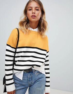 New Look sweater in color block stripe Knitwear Outfit Ideas, Summer Knitwear, Striped Knitwear, Stripe Jumper, Knitwear Outfit, Jumper Knitting Pattern, Tunic Styles, Perfect Woman, Costume Halloween