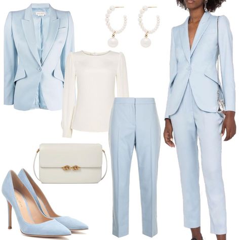 Dress of a Duchess on Instagram: "A chic ice-blue suit by @alexandermcqueen ❄️ Earrings: @sophiebillebrahe Blouse: @janelewisatelier Bag: @ysl Heels:…" Blue Suit Women, Blue Blazer Outfit, Princesa Anne, Meeting Outfit, Bag Ysl, Blazer Outfits For Women, Ysl Heels, Royal Outfits, Blue Outfit